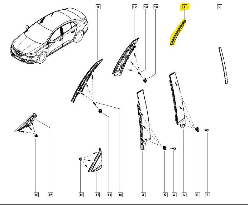 2395840 RENAULT Megane Megane 4-IV Sağ Arka Kelebek Cam Çıtası 2016-> 822B49307R -Renault Mais OEM 2395840 Oto Mavili